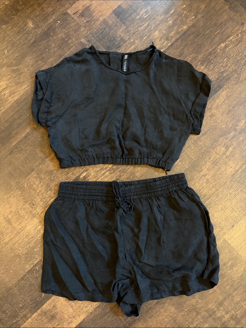 Zara Black Cropped Tee and Drawstring Shorts Set